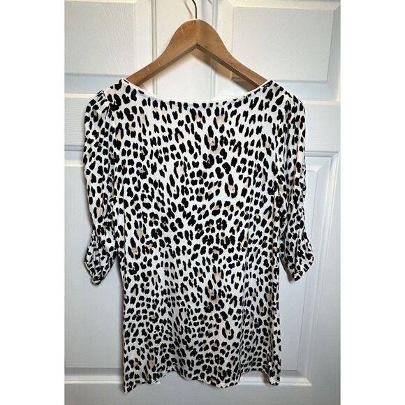 WHITE HOUSE BLACK MARKET Size M Animal Print Stretch Ruched Sleeves Top - Picture 2 of 5